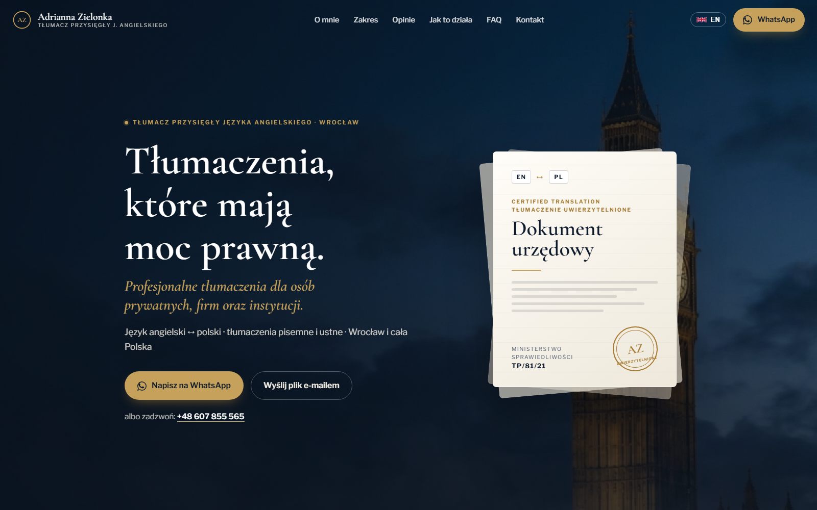 Zrzut ekranu strony tłumacza przysięgłego języka angielskiego z Wrocławia